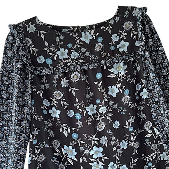 LOFT | NWOT LONG SLEEVE BLACK & CORNFLOWER BLUE FLORAL BOHO TOP RUFFLE YOKE | SM - Picture 2 of 11
